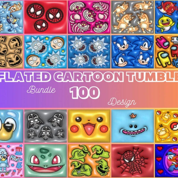 100+ Designs of 3D Cartoon tumbler sublimation design bundle with 3D Inflated Style
